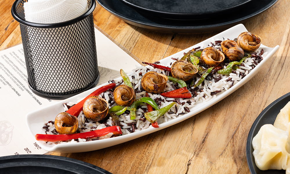 Snail With Rice And Vegetables, Coriander And Garlic Sauce